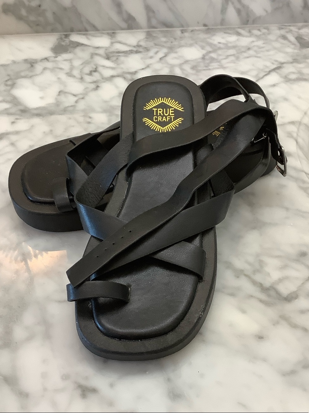 True Craft Black Cross-Strap Platform Sandals